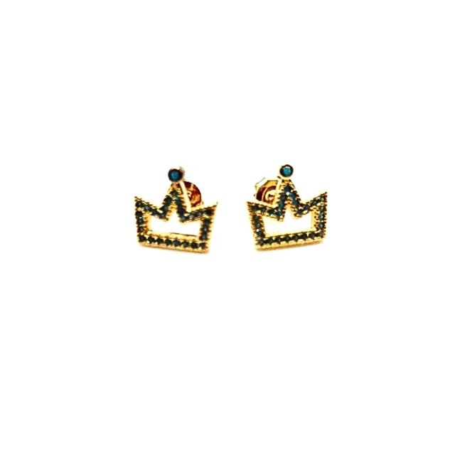 Pendientes con forma de corona dorados con incrustaciones de piedras azules